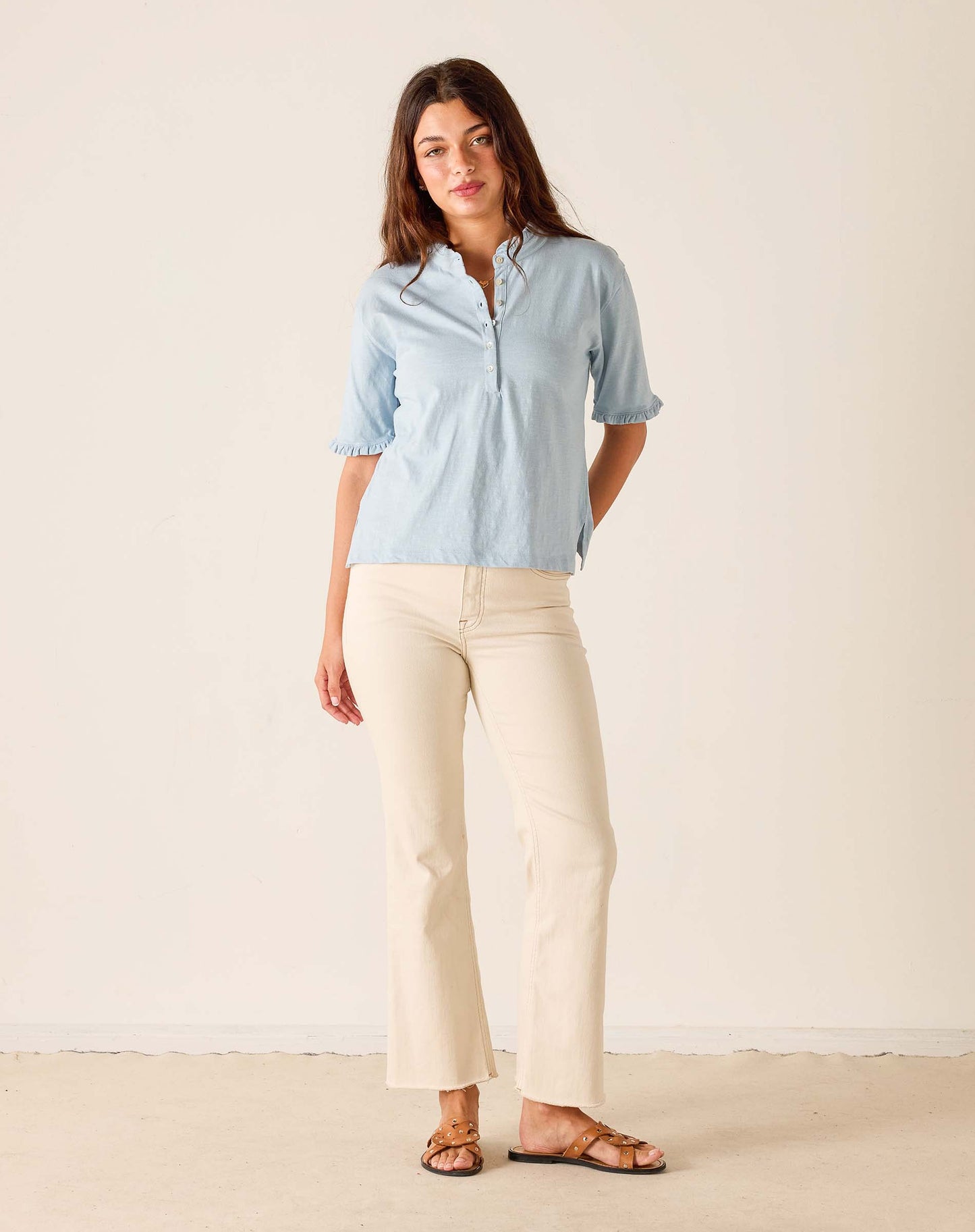Joesphine Ruffle Henley Tee in Niagara Mist
