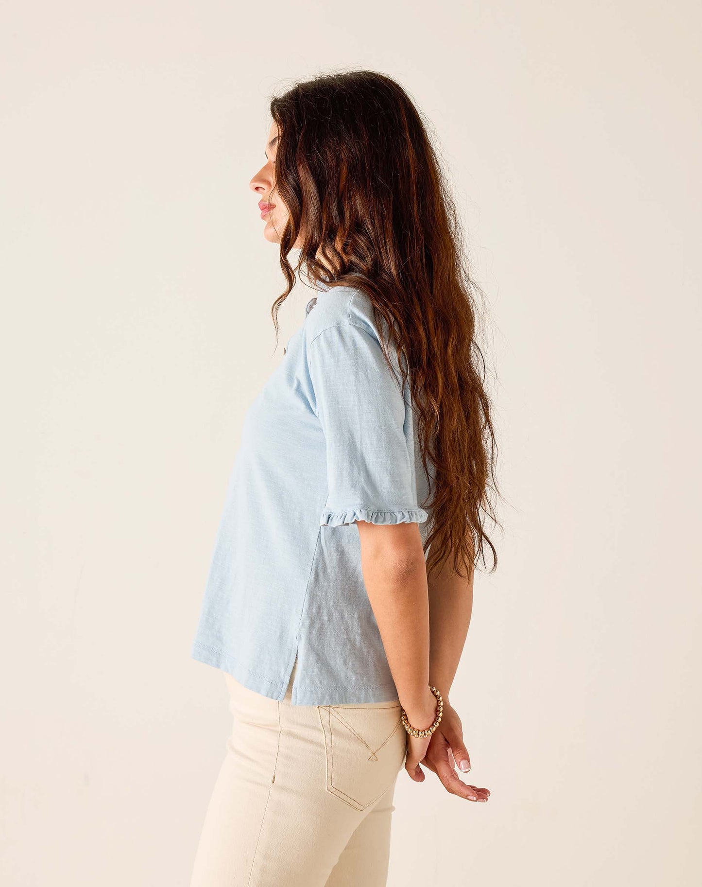 Joesphine Ruffle Henley Tee in Niagara Mist