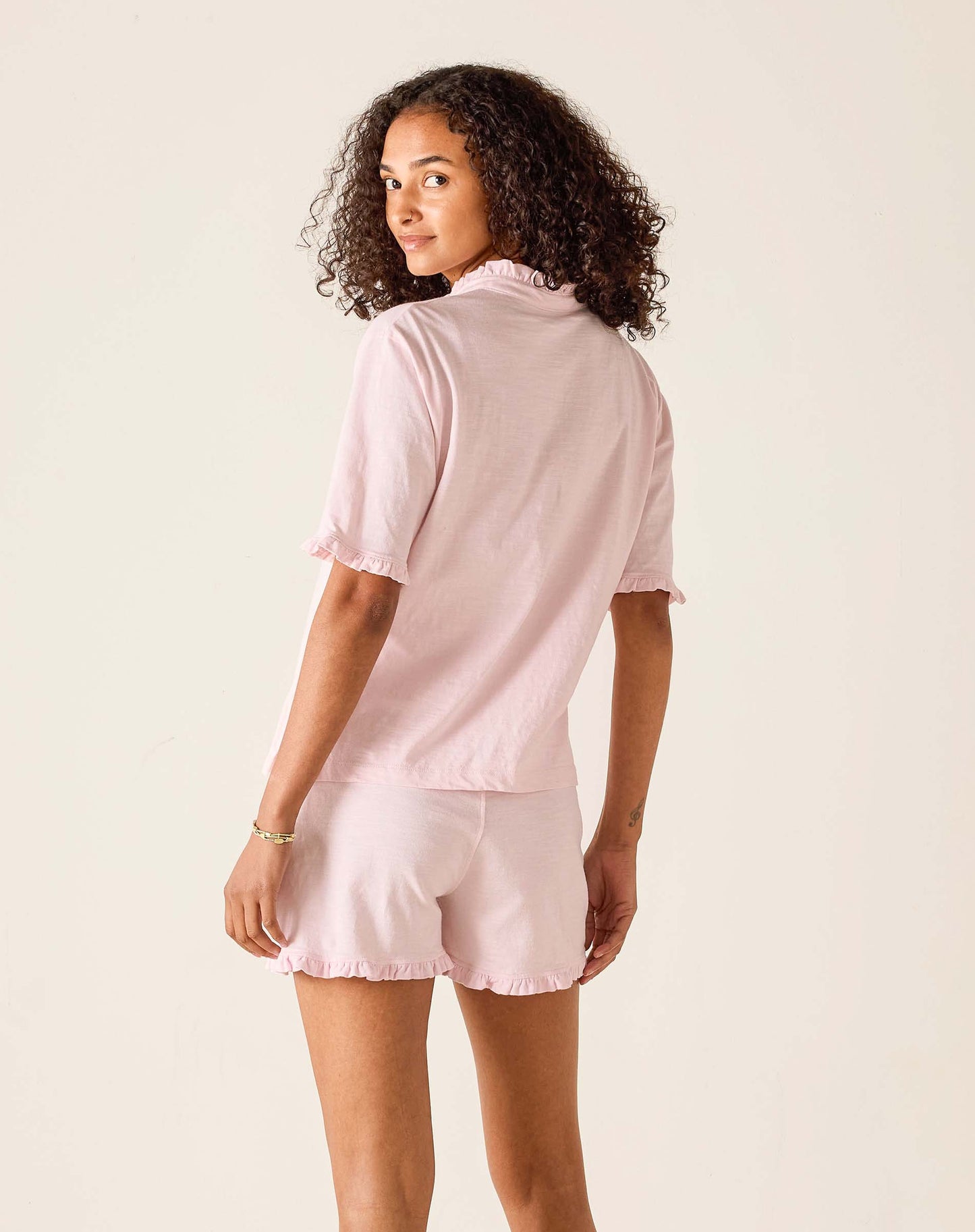 Joesphine Ruffle Henley Tee in Rose Quartz