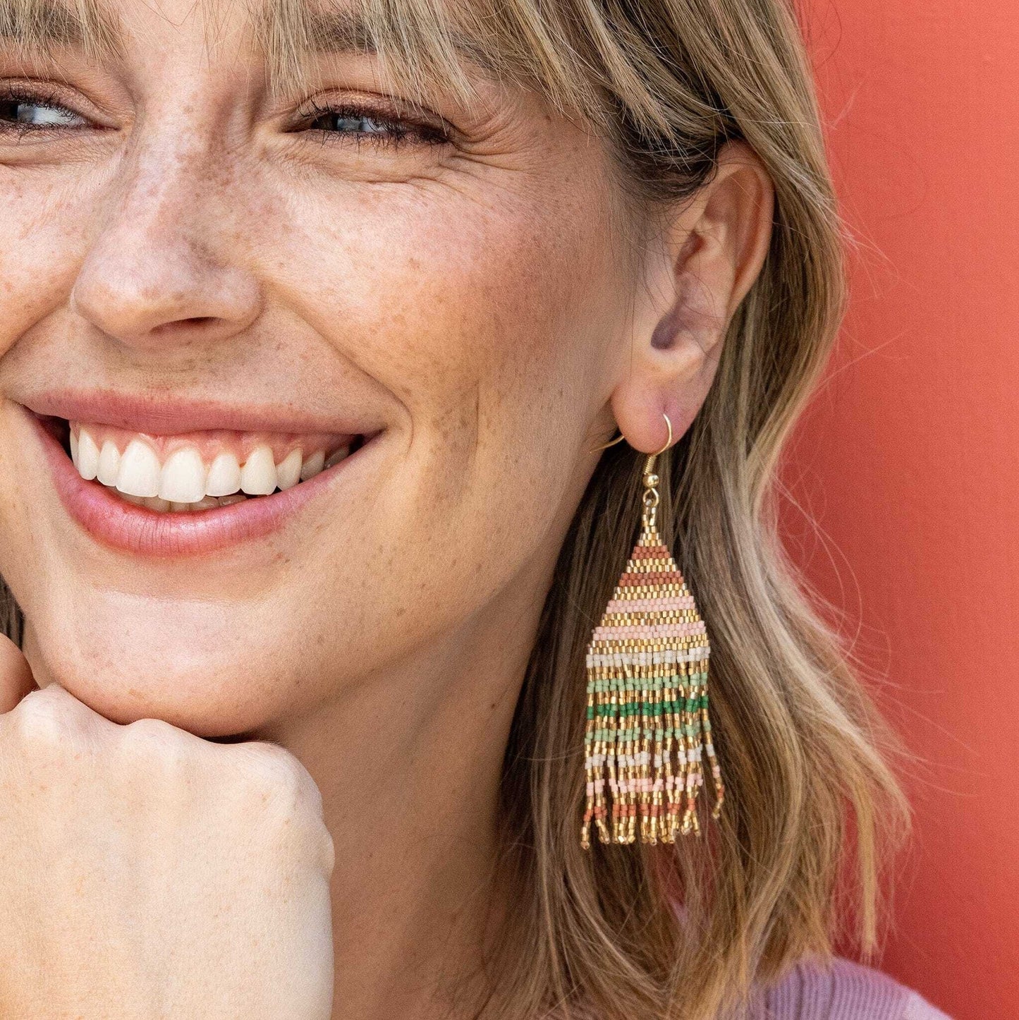 Lexie Horizontal Gold Lines Beaded Fringe Earrings Desert