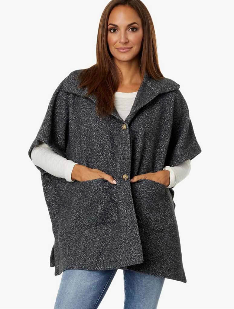 Shawl Neck Poncho with Patch Pockets in Charcoal