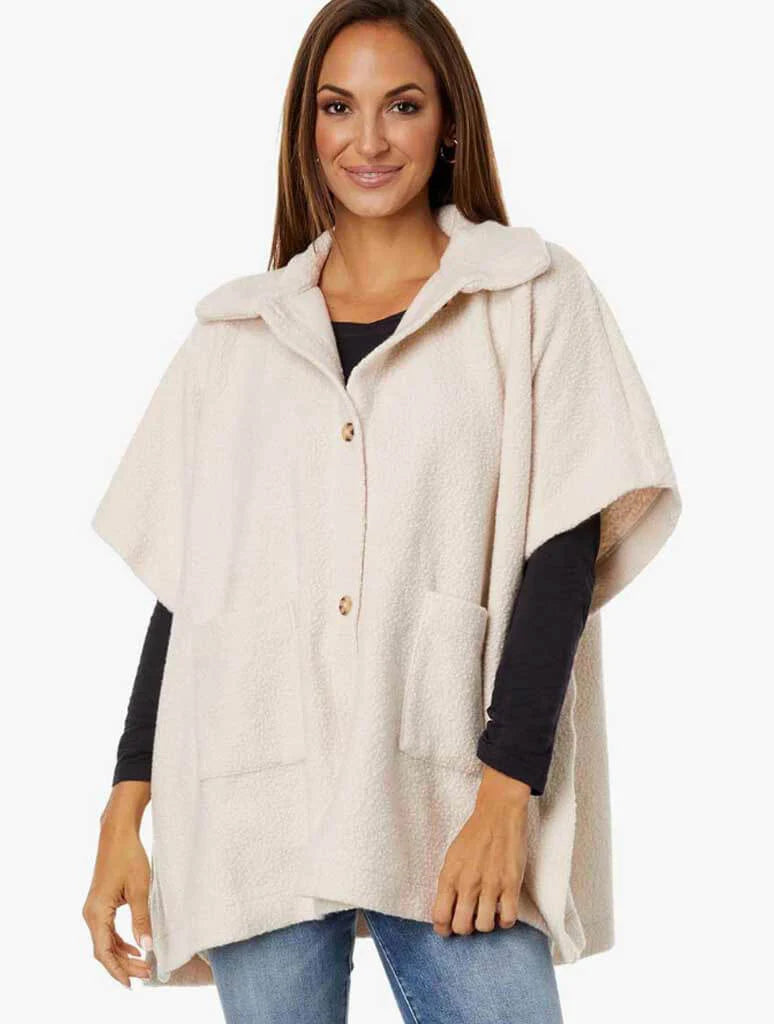 Shawl Neck Poncho with Patch Pockets in Chai