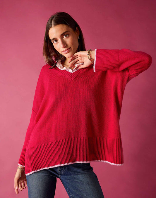 Montauk V-Neck Sweater in Raspberry Pink