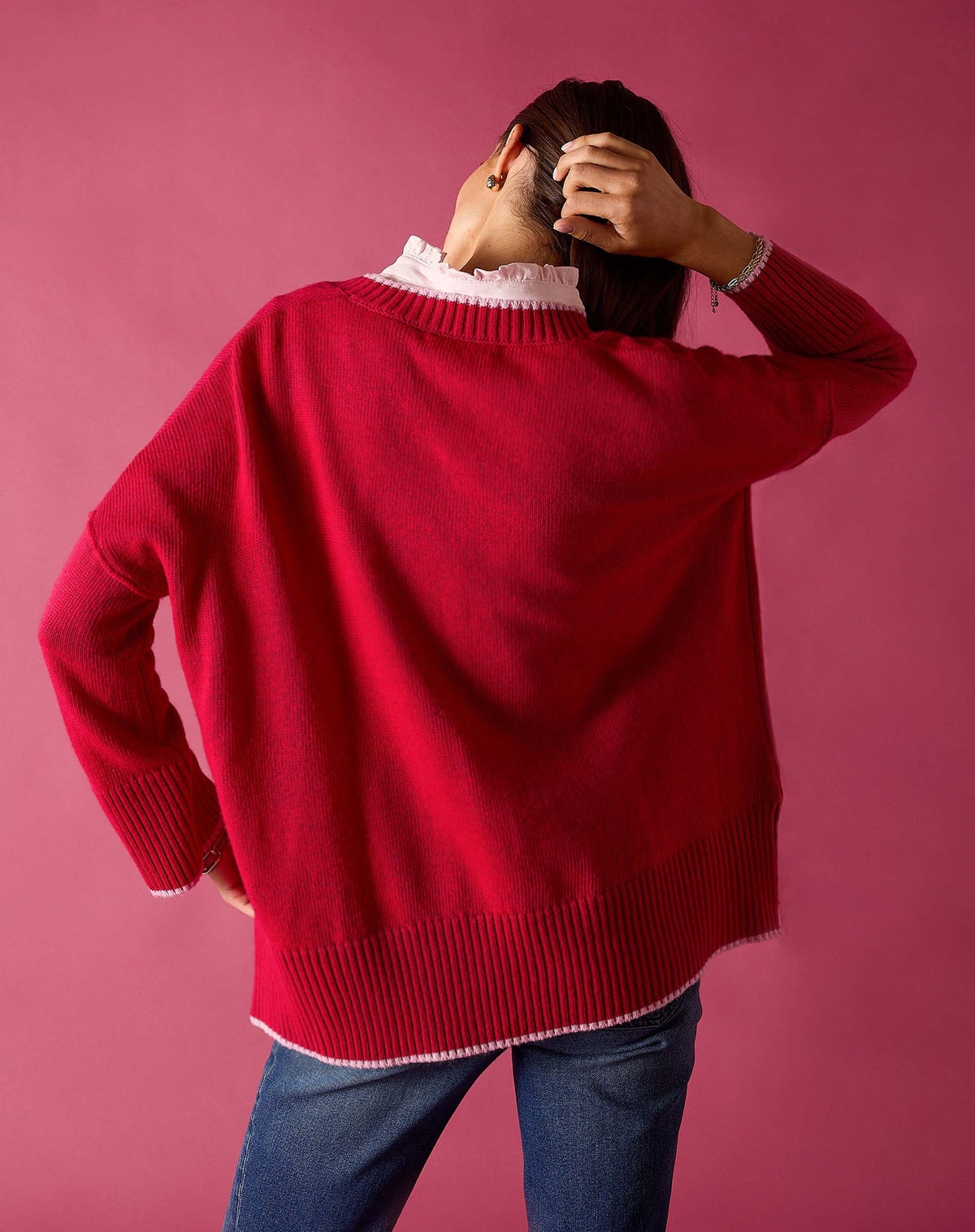 Montauk V-Neck Sweater in Raspberry Pink