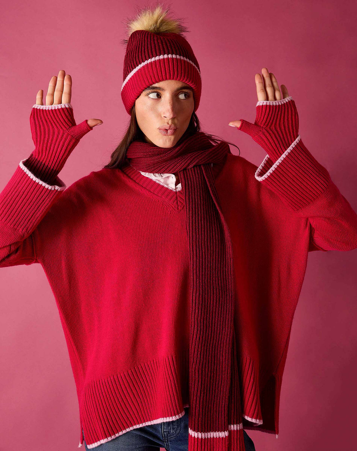 Montauk V-Neck Sweater in Raspberry Pink