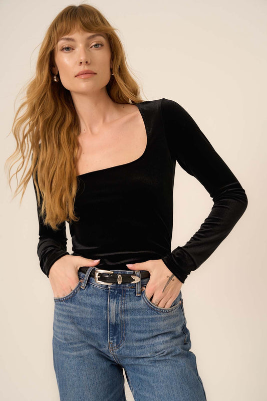 Dream Come True Square Neck Velvet Long Sleeve in Black