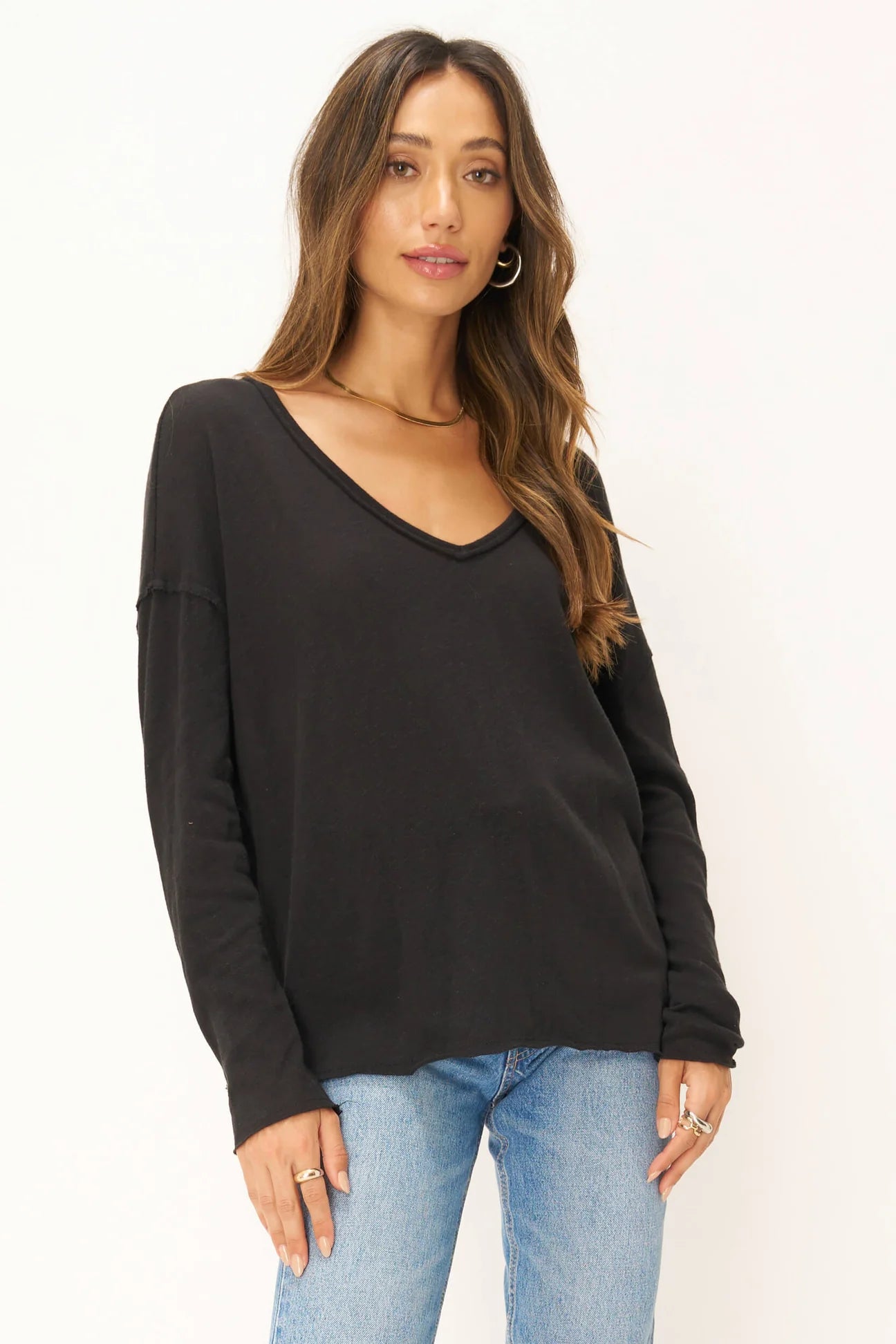 Mae Textured V-Neck Long Sleeve in True Black