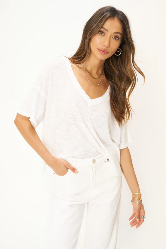 Oh Girl Raw V-Neck Textured Tee in White