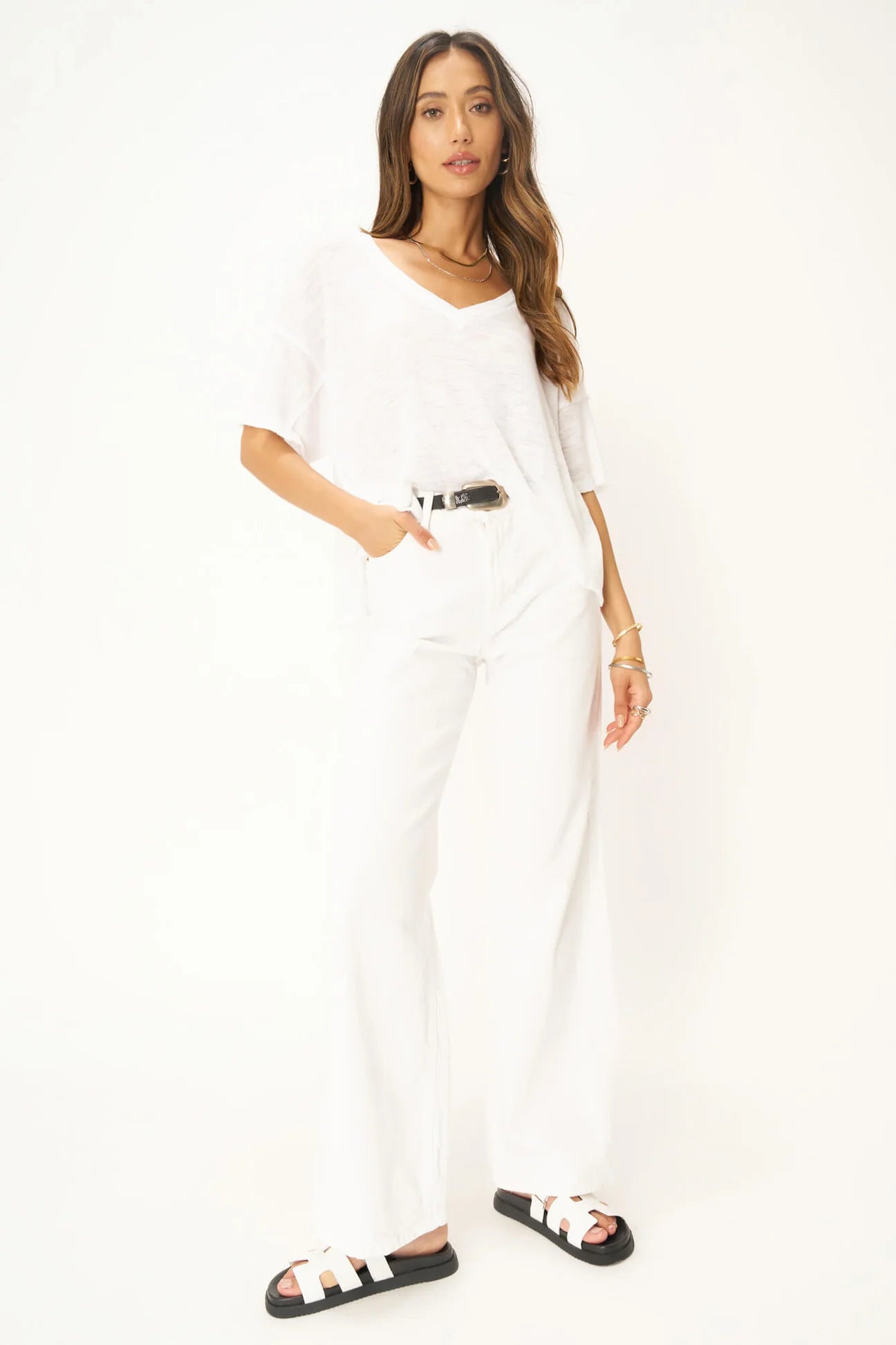 Oh Girl Raw V-Neck Textured Tee in White