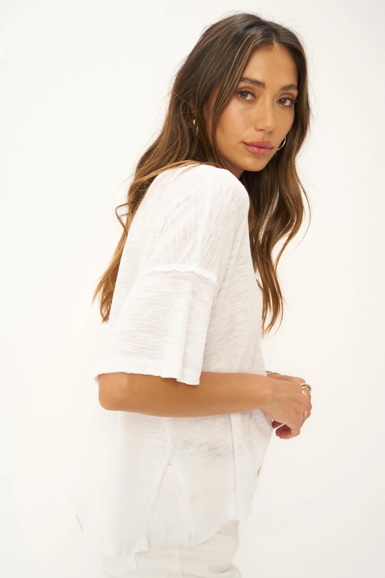 Oh Girl Raw V-Neck Textured Tee in White