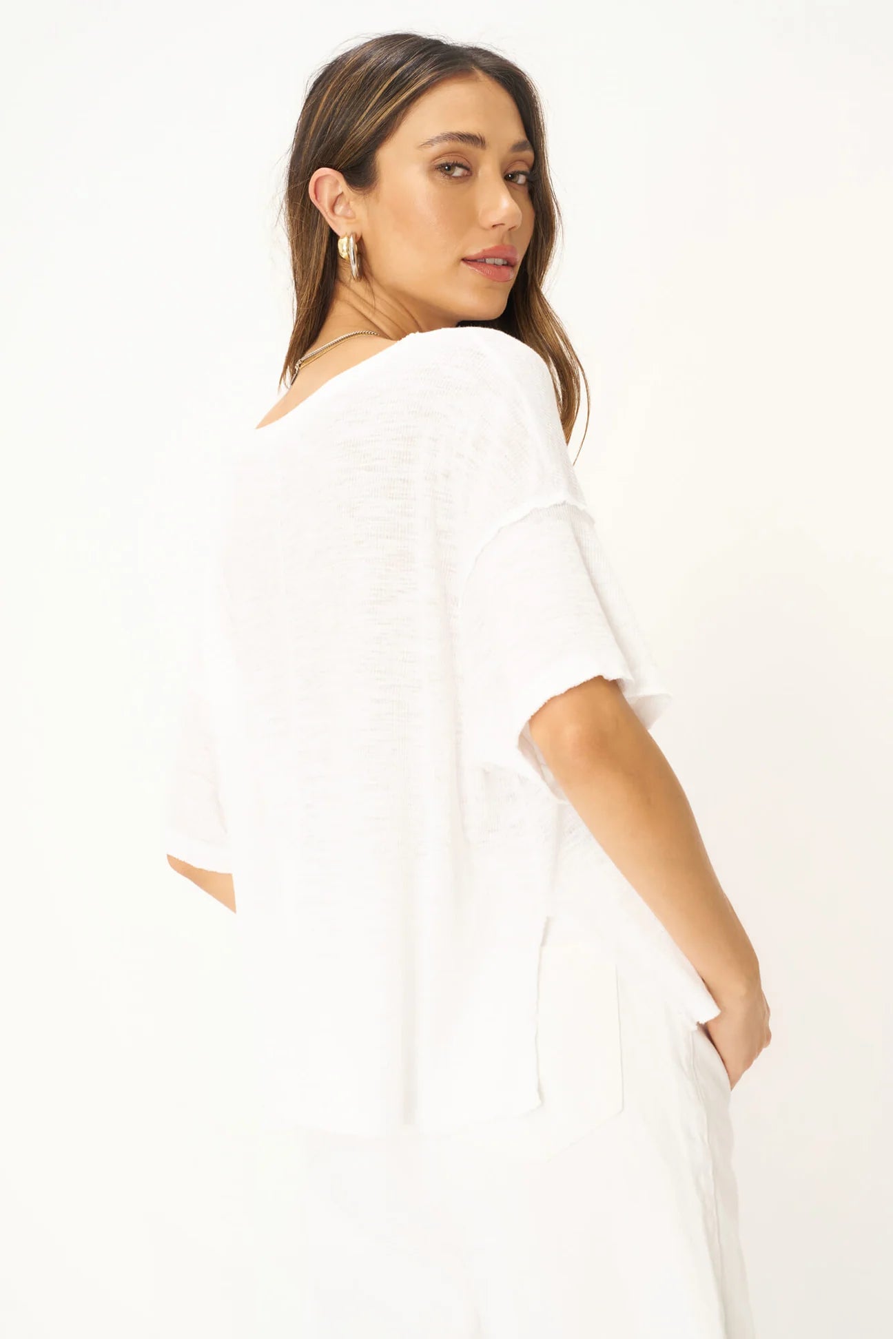 Oh Girl Raw V-Neck Textured Tee in White