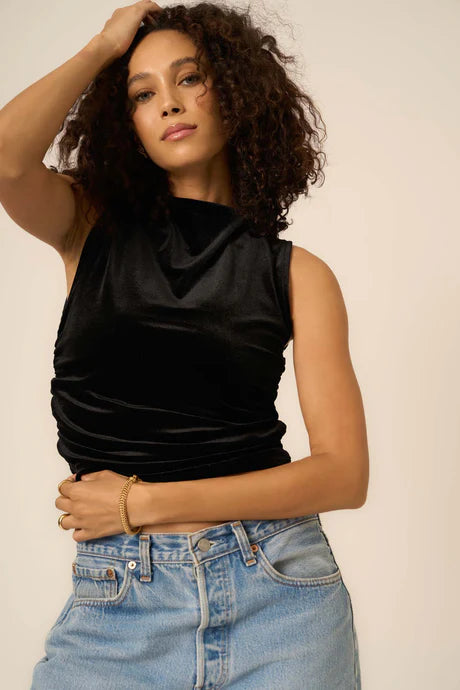 On Repeat Ruched Side Velvet Tank in Black