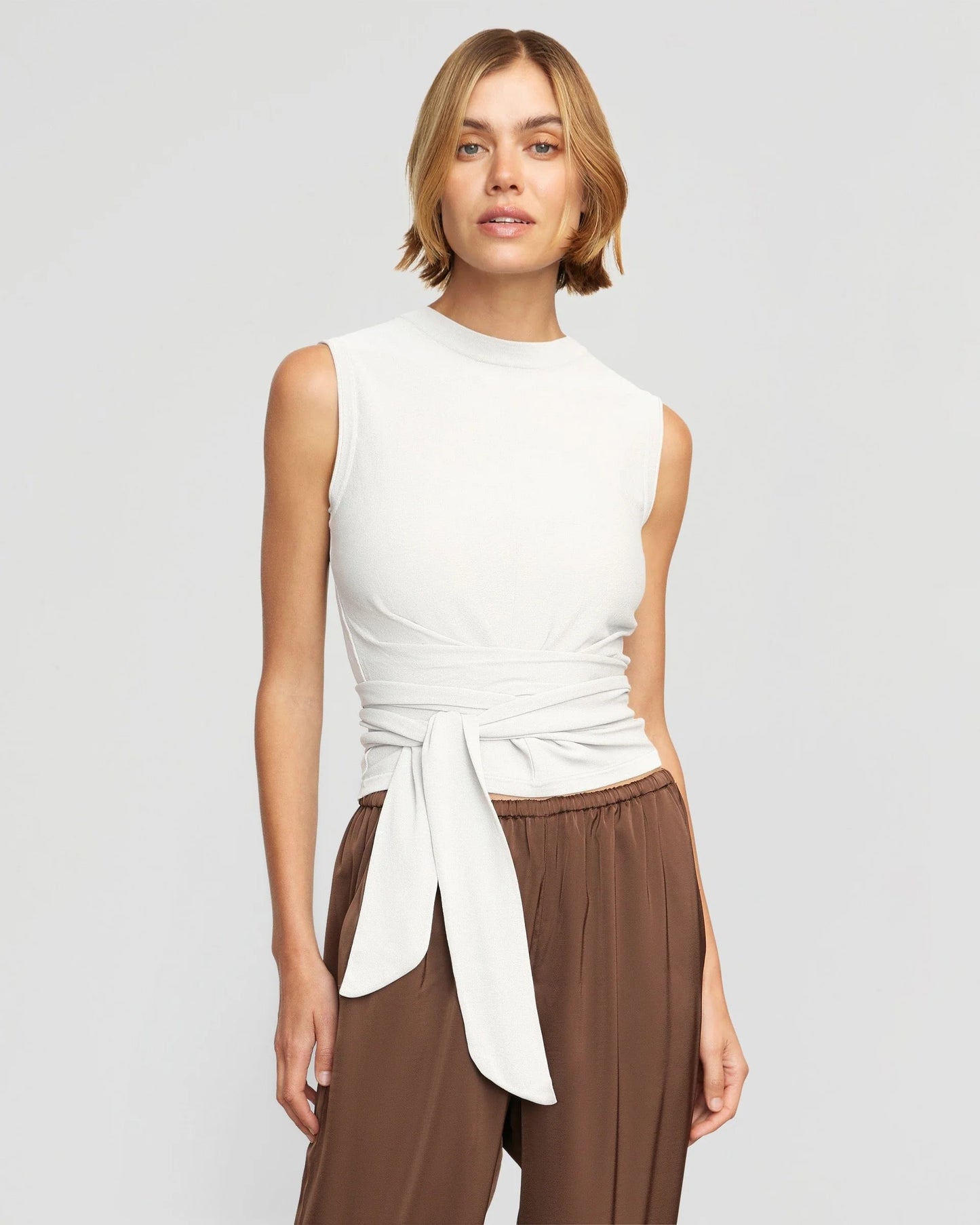 Rumi Cropped Sleeveless Wrap Top in White