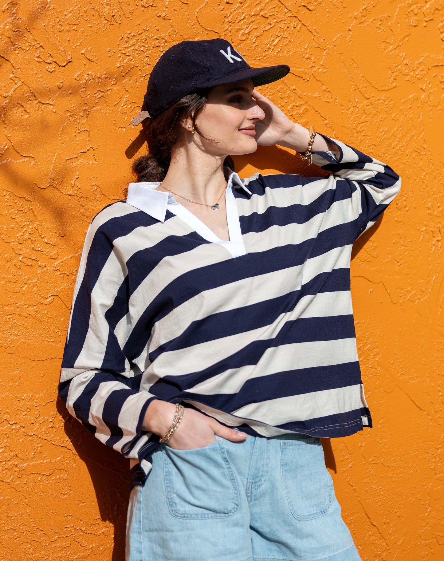 Amelia Rugby Tee in Ecru + Navy Stripe