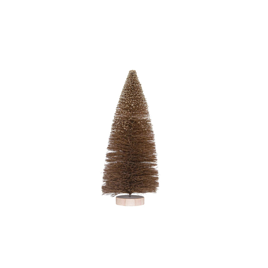 9"H Sisal Bottle Brush Tree w/ Glitter & Wood Base