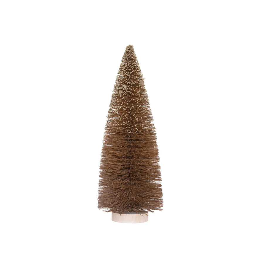 12"H Sisal Bottle Brush Tree w/ Glitter & Wood Base