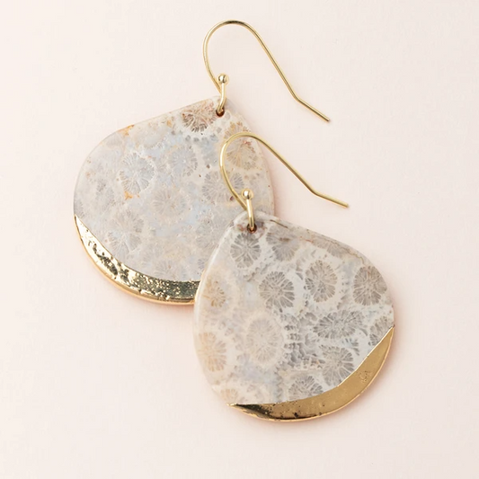 Stone Dipped Teardrop Earring in Fossil Coral/Gold