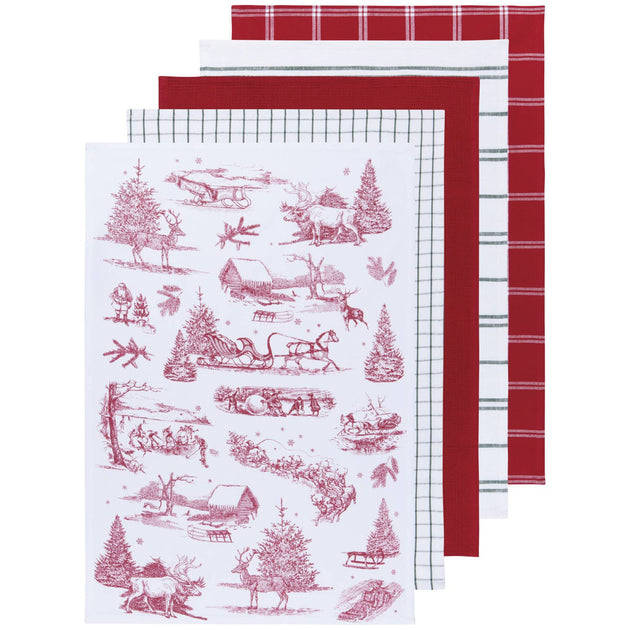 Winter Toile Christmas Woven and Print Dishtowels Set of 5