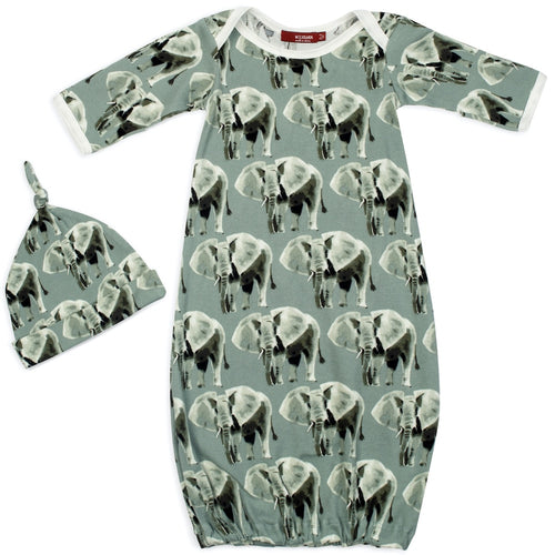 Organic Cotton Newborn Gown & Hat Set in Grey Elephants