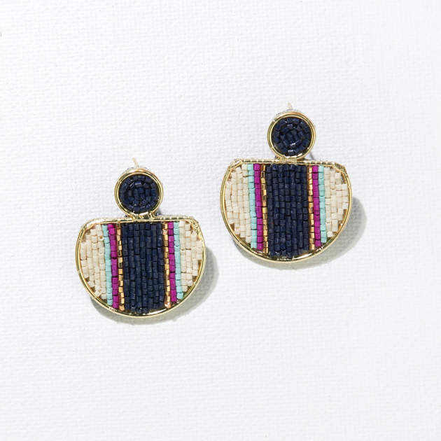 Navy Magenta Brass Beaded Cut Circle Earrings