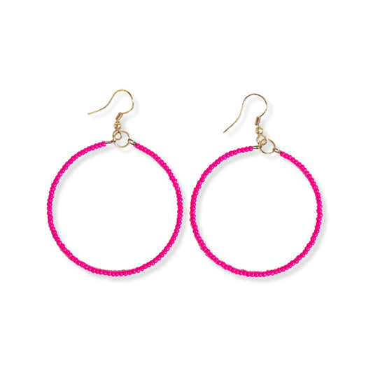 Ruby Solid Beaded Hoop Earrings Hot Pink