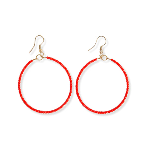 Ruby Solid Beaded Hoop Earrings Tomato Red