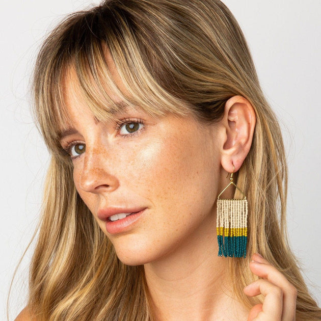 Whitney Color Block Stripe Beaded Fringe Earrings in Peacock