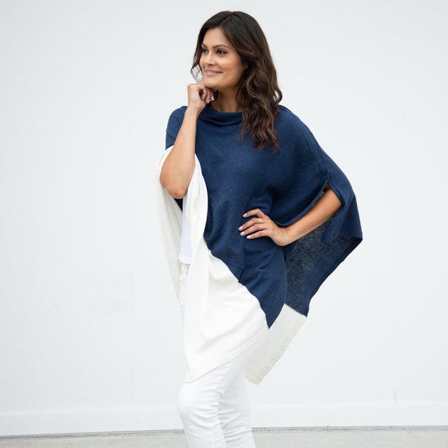 Organic Cotton Travel Poncho in Navy Colorblock