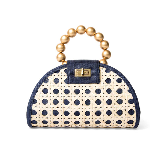 Navy Blue & Gold Woven Rattan Bella Statement Handbag